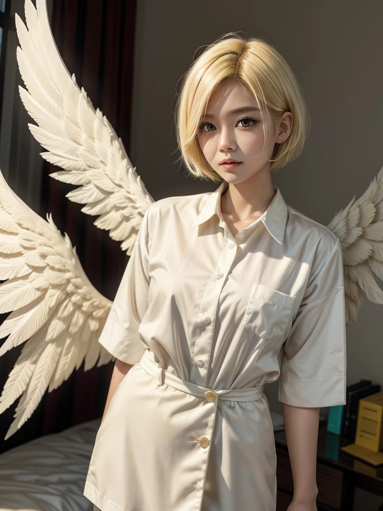 Angel with short yellow hair,  White wings, formal work clothes, BROWN SKIN, yellow eyes