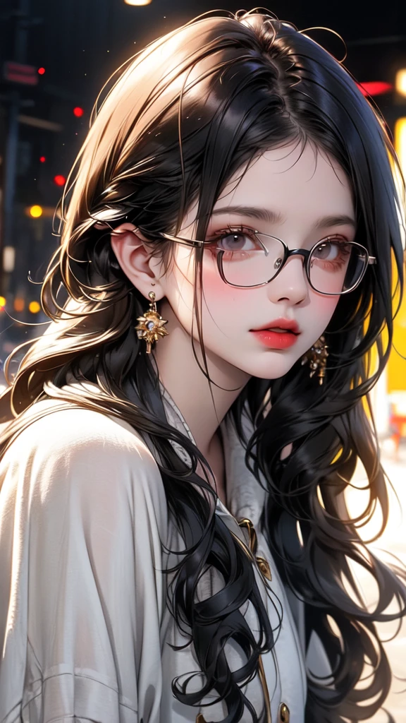 a girl, 18 years old, brown hair in a bob style, wearing round designer glasses, wearing a long white coat, beautiful detailed eyes, beautiful detailed lips, extremely detailed eyes and face, long eyelashes, detailed facial features, realistic, photorealistic, photo-realistic:1.37, best quality, 4k, 8k, highres, masterpiece:1.2, ultra-detailed, HDR, studio lighting, ultra-fine painting, sharp focus, physically-based rendering, extreme detail description, professional, vivid colors, bokeh, portrait