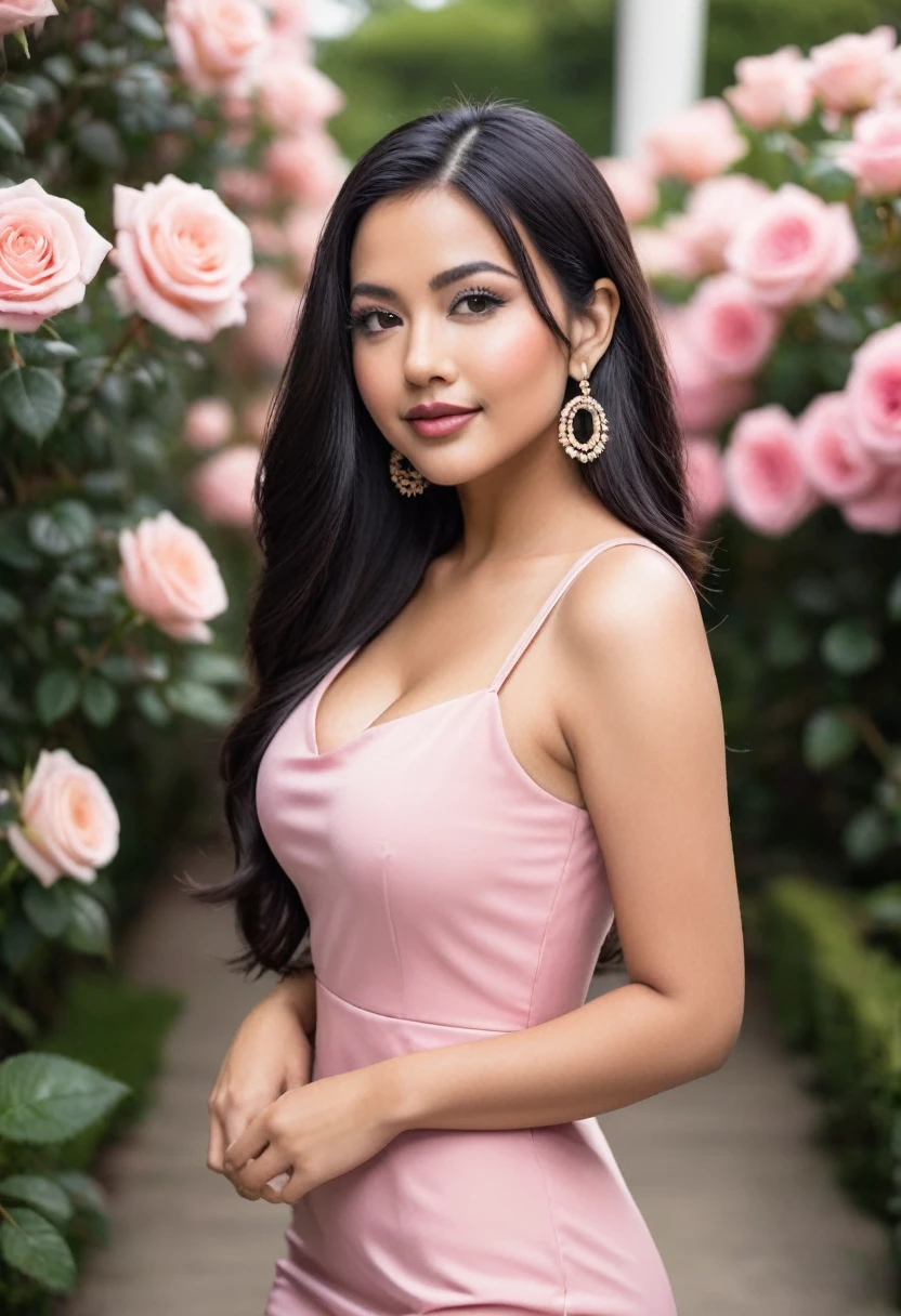 A full body photo of a very beautiful light brown skinned woman with big curves, wearing a tight pink satin dress with a deep neckline and high heels, smiling at the camera as she stands in a garden with arched pastel colored rose bushes. The background is blurred, highlighting her figure. She has long black hair. Her face features soft makeup and she wears large earrings. A real beauty that draws attention to her presence.