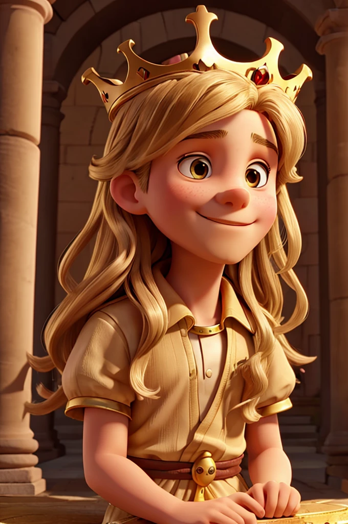 Long-haired man with a golden crown in an ancient city, many children with crowns on their heads around him