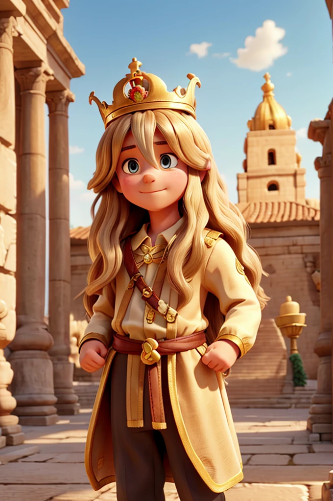 Long-haired man with a golden crown in an ancient city, many children with crowns on their heads around him