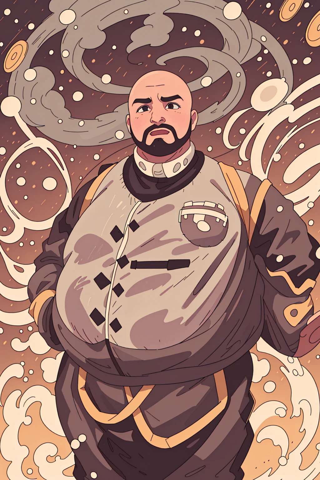 A very fat rotund man, shiny bald head, multiple chins, happy, a brown and gray goatee swirling on his chin, wearing a very taut three-piece-suit, very round body, older man, standing in front of a golden sky