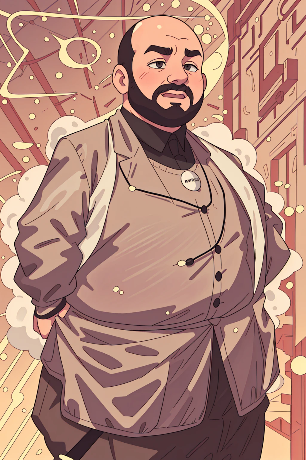 A very fat rotund man, shiny bald head, multiple chins, happy, a brown and gray goatee swirling on his chin, wearing a very taut three-piece-suit, very round body, older man, standing in front of a golden sky