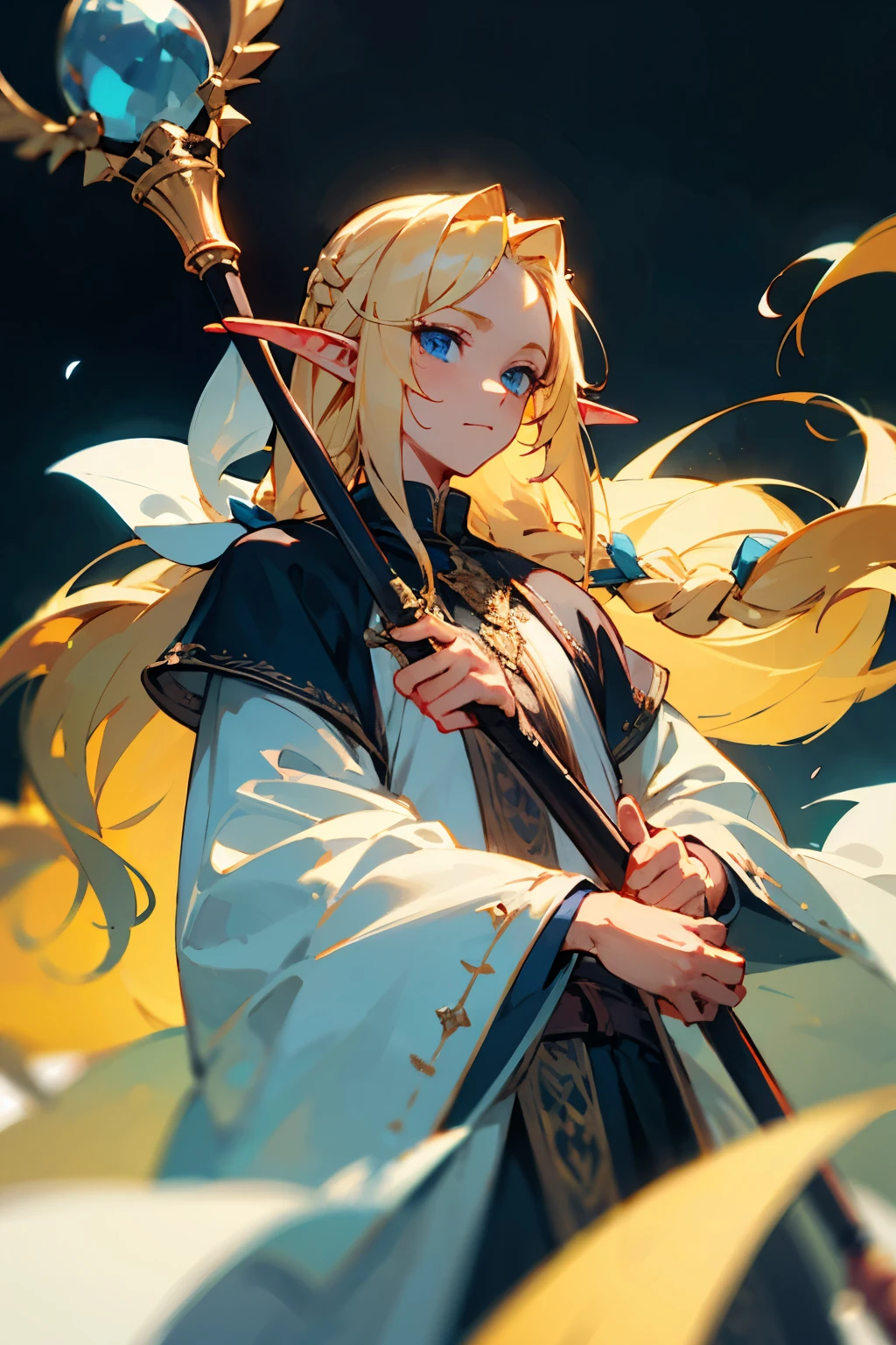 Male, long hair, Blonde, Blue eyes, braids, holding staff, Elf, Elf ears, simple clothes, flowers on hair