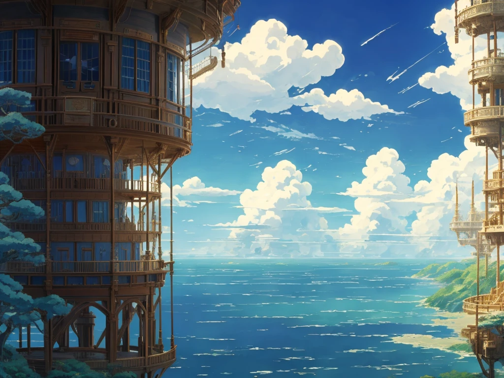 DVD screengrab from studio ghibli movie, beautiful seaside steampunk observatory interior, clouds on blue sky, designed by Hayao Miyazaki, retro anime