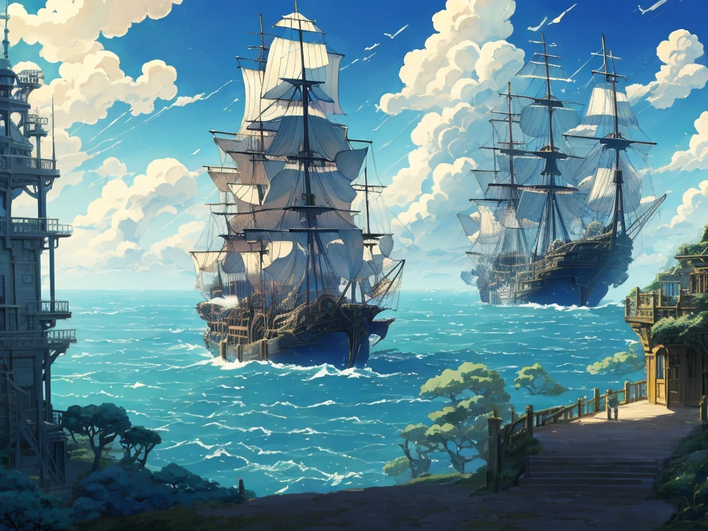 DVD screengrab from studio ghibli movie, beautiful seaside steampunk observatory interior, clouds on blue sky, designed by Hayao Miyazaki, retro anime