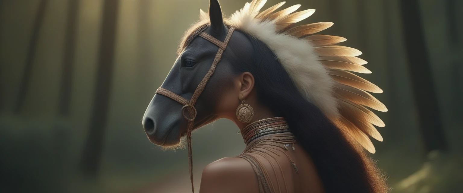 ((masterpiece)), ((best quality)), ((highres)), ((extremely detailed)), ((long shot, back view)), 1 black skinned BBW girl as Pocahontas costume, full body, Beautiful Native American woman, mature woman, Big breast, (super realistic), (peerless beauty), detailed skin texture, detailed cloth texture, beautiful detailed face, intricate details, ultra detailed, indigenes feather jewellery, feather headdress, traditional handmade dress, ((( large Percheron horse))), (((road in the middle of the forest))), ultra realistic, concept art, elegant, ((intricate)), ((highly detailed)), depth of field, ((professionally color graded)), soft ambient lighting, dusk, (Best quality, A high resolution, Photorealistic, primitive, 8K,Masterpiece, ),Best quality, Masterpiec8K.hdr. High ribs:1.2, filmgrain, Blur bokeh:1.10, Lens flare, (vivd colour:1.10), (Delicate),full complete side view of horse (head, hoofs, raised tail)