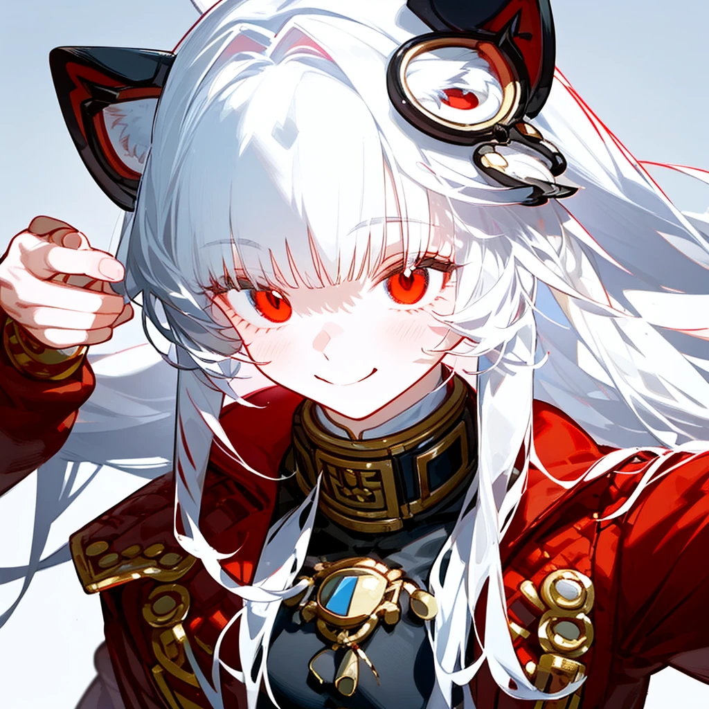 A solo cat boy, With white hair, red eyes, smiling photo pose , wearing jacket, bust up!!!!!!!!!,cute boy