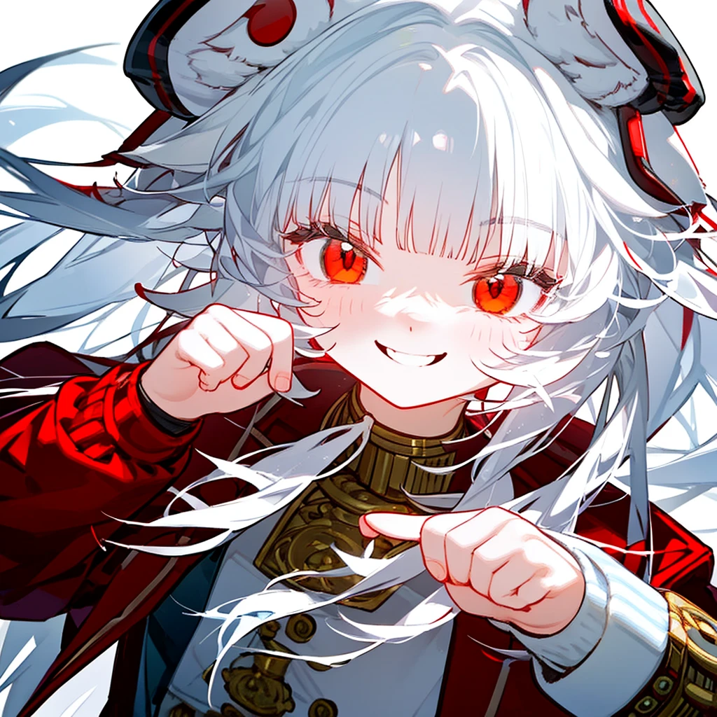 A solo cat boy, With white hair, red eyes, smiling photo pose , wearing jacket, bust up!!!!!!!!!,cute boy