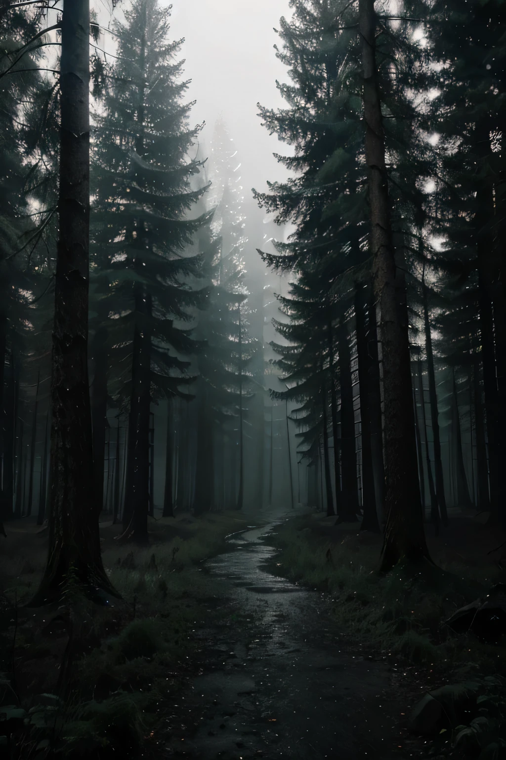 dark forest at night, best quality, night photography, fog, grey tones, no people, rain