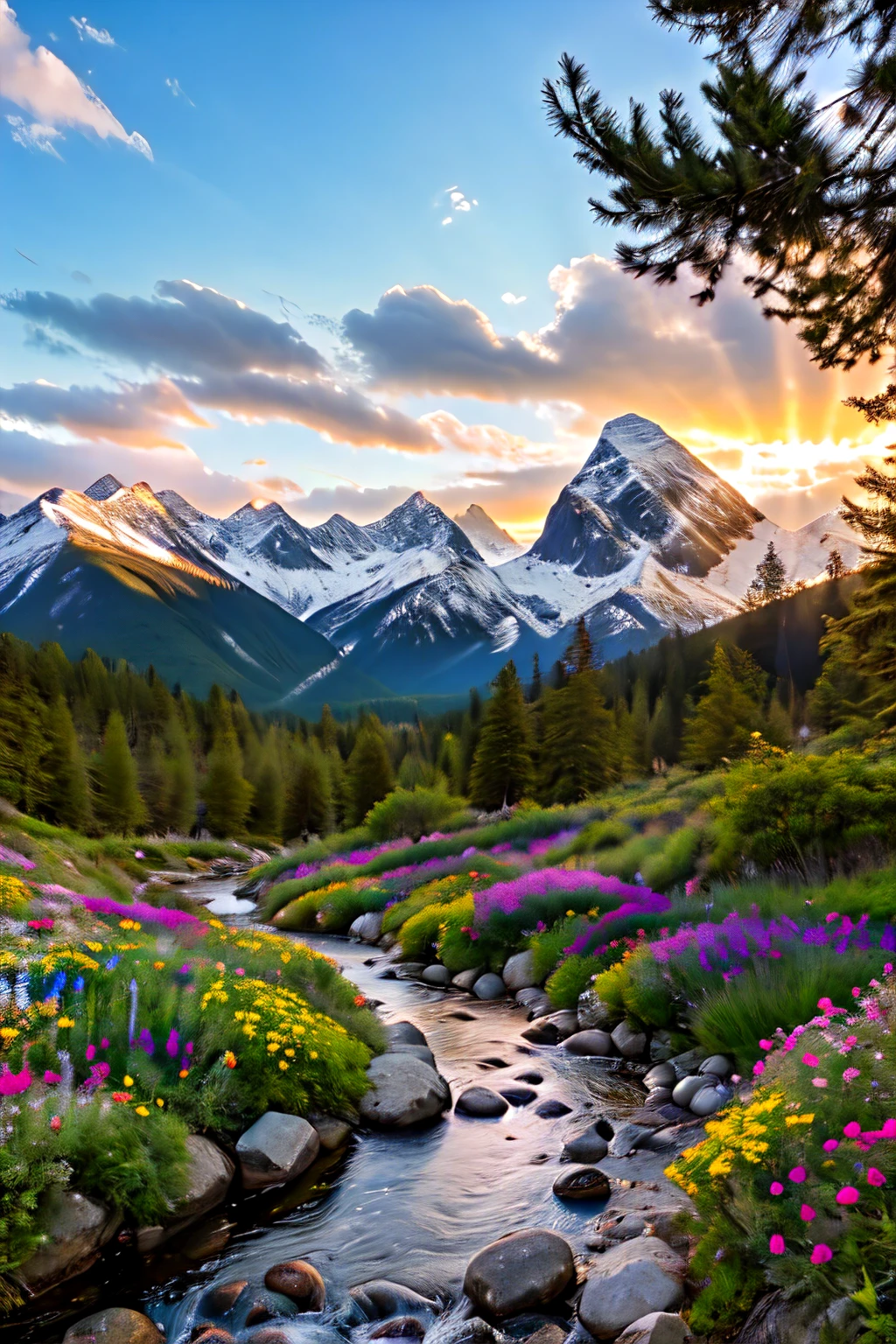 ((best quality)), ((masterpiece)), (detailed), Sun rays
Path
Trees
Leaves
Morning light
Mountains
Snow-capped peaks
Sky
Clouds
Flowers
Scent
Stream