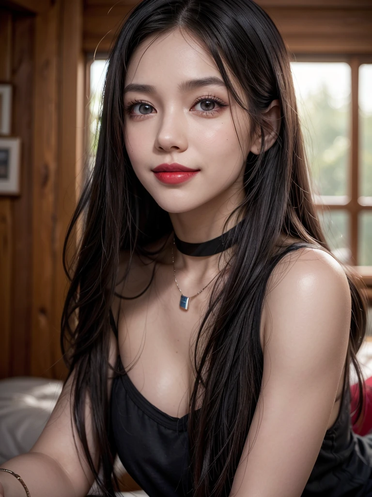 1girl, alone, solitary, high quality, (best quality,4k,8k,highres,masterpiece:1.2),ultra-detailed,(realistic,photorealistic,photo-realistic:1.37),gorgeous hair,black hair,long straight hair with bangs,sharp eyes,mole under the eye,plump lips,jewelry,(high detailed skin:1.4),(rim lighting:1.3),(lit:1.3),(sunny day:1.3),portrait,beautiful lips,waist-length hair,seductive gaze,moles,casual clothes,colorful clothing,close up,super long hair,choker necklace,tattoos,tattooed,light eyes,bangs,fringe,20 year old,dimples on the cheeks,dimples,black hair,darkblackhair,dark jet black hair,black,dark hair,beautiful smile,perfect teeth,straight teeth,perfect sized teeth,dazzling smile,red lips,red lipstick