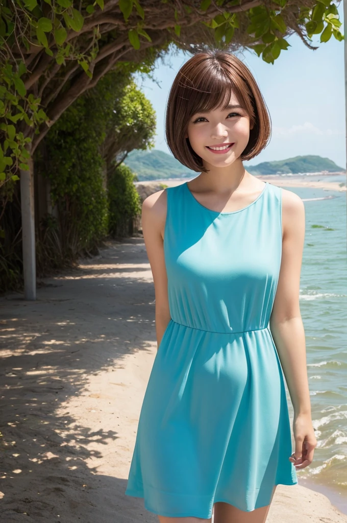 1woman, idol, bob cut, brown hair、Morning Glow、coastal、Sleeveless Puddle Dress、smile、View here、20th Generation、