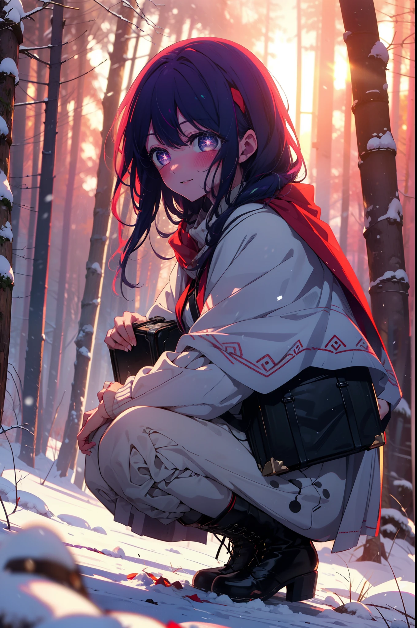 aihoshino, Ai Hoshino, Long Hair, bangs, (Purple eyes:1.1), Purple Hair, (Symbol-shaped pupil:1.5), smile,,smile,blush,White Breath,
Open your mouth,snow,Ground bonfire, Outdoor, boots, snowing, From the side, wood, suitcase, Cape, Blurred, , forest, White handbag, nature, Squat, Mouth closed, Cape, winter, Written boundary depth, Black shoes, red Cape break looking at viewer, Upper Body, whole body, break Outdoor, forest, nature, break (masterpiece:1.2), Highest quality, High resolution, unity 8k wallpaper, (shape:0.8), (Beautiful and beautiful eyes:1.6), Highly detailed face, Perfect lighting, Extremely detailed CG, (Perfect hands, Perfect Anatomy),