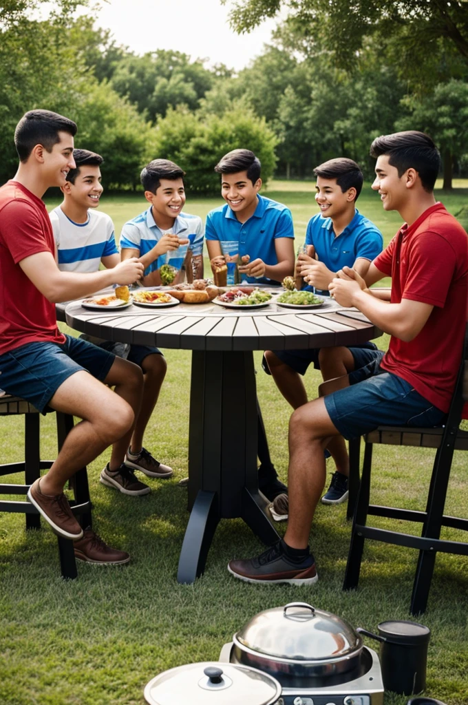 A boy grilling with his four friends