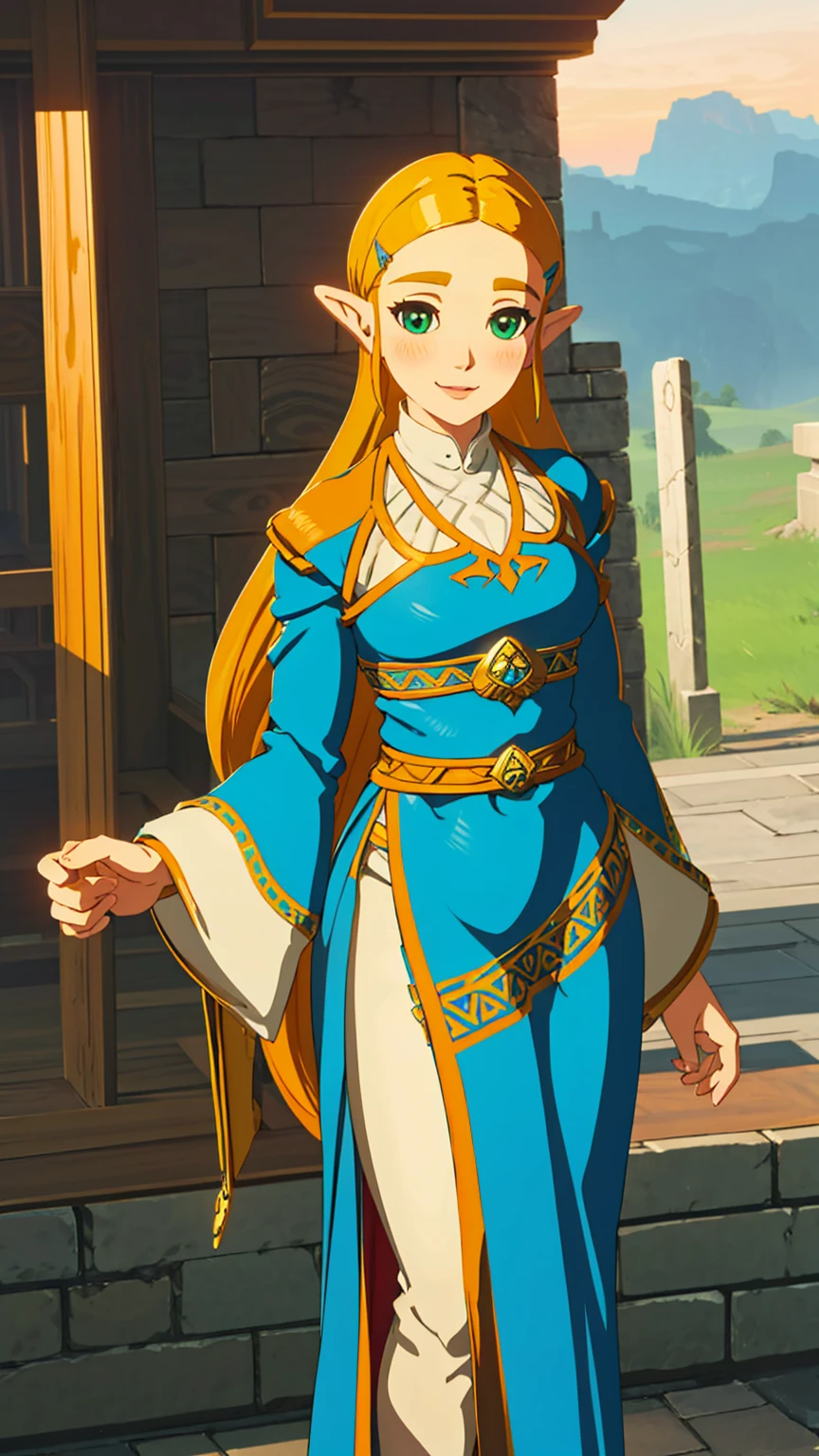 best quality, high resolution, large breasts, blush, smile, cowboy shot, looking at viewer, Zelda, in a temple, Green eyes, Zelda outfit