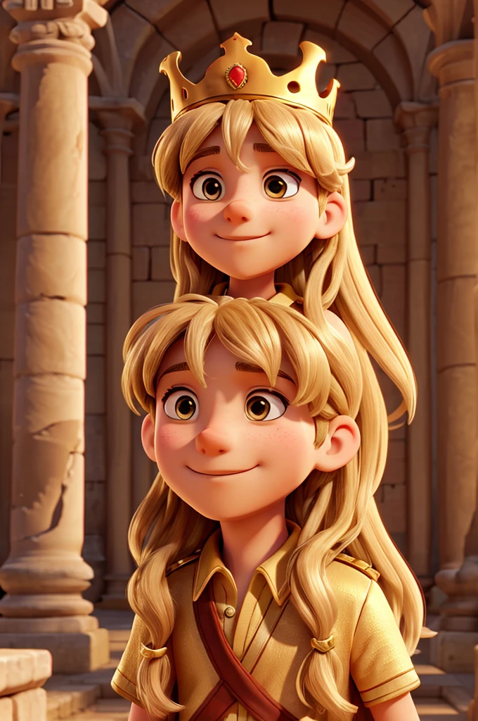 Young man with long hair with a golden crown in an ancient city, many children with crowns on their heads around him