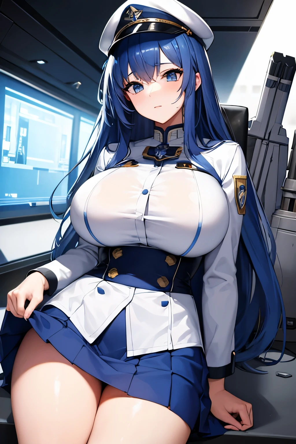 Masterpiece, best quality, beautiful girl, inside the space battleship, blue hair, hat, white military, skirt, big breasts,