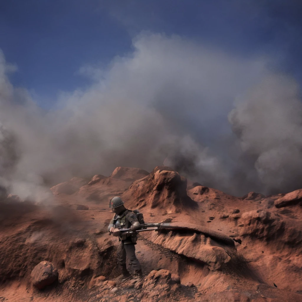 lone soldier in the midst of a war standing a top of battlefield with a rifle in hand surrounded by smoke and fire