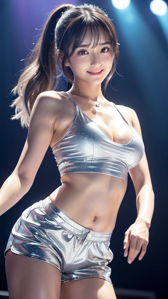 High resolution、High resolution、Shoulder-length hair、Ponytail Hairstyles、silver hair color、Big eyes、Watery eyes、White skin、Shiny Hair、Glowing Skin、extremely short tank top、Shorts、A scene showing a dance on stage、D cup 、Firm breastsful waistline、Beautifully shaped breasts、Beauti line、Beautiful leg lines、smile、boost mood、20-year-old women、Sexy Woman、The real pure、AI Beauty、Looks like Haruka Ayase