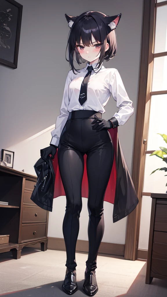 18-year-old Shota,cute,Wear a white long-sleeved shirt and a black button suit jacket. and a black work tie,Wear black pants,Wear black booties,Wear white gloves,wear cat ear,Black hair,Black eyes,Very thin waist,Very thin legs,Handsome,Disdainful and cold expression,shy,blush,Sweating,porn,Is giving sexual assault,Glove removal actionp