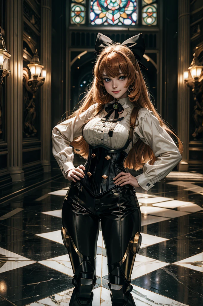 cowboy shot, dynamic pose, smile,  underbust, Penny Polendina, long hair, neck ribbon, pants, corset, black bow, white blouse, mechanical legs, neon trim, standing inside palace, hands on hips, marble floor, marble pillars, tall stained glass windows, BREAK gala, large crowd, (((crowd in military dress))), (volumetric lighting), intricate details, tonemapping, sharp focus, hyper detailed, 

