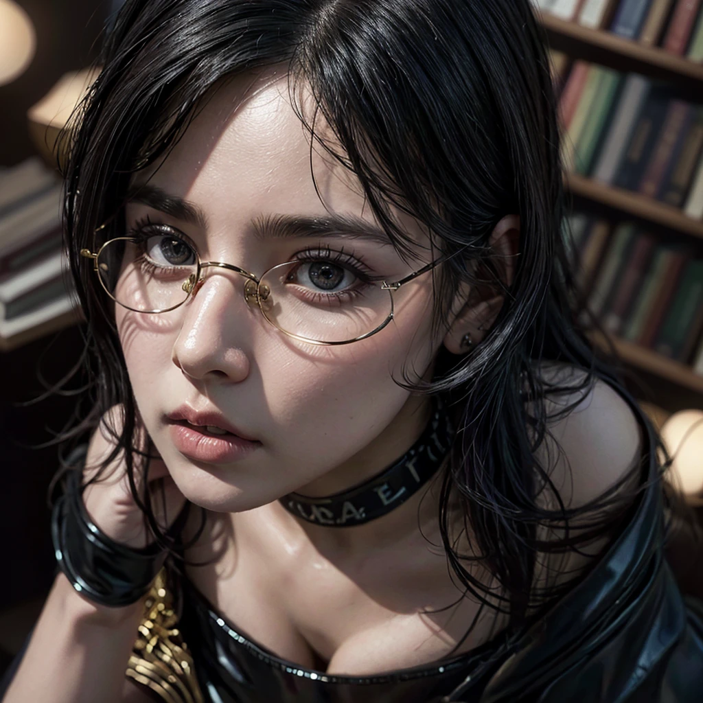 1 GIRL, solo,a beautiful milf with huge breasts, wearing round glasses, sitting on a table in a library, wearing tight black latex stockings that dig into her juicy thighs, wearing a choker collar that strongly compresses her neck, her tongue sticking out and eyes rolled up, (best quality,4k,8k,highres,masterpiece:1.2),ultra-detailed,(realistic,photorealistic,photo-realistic:1.37),detailed eyes,detailed lips,extremely detailed face,long eyelashes,elegant mature woman,seductive pose,intense expression,chiaroscuro lighting,moody atmosphere,dramatic shadows,rich colors,cinematic,portrait