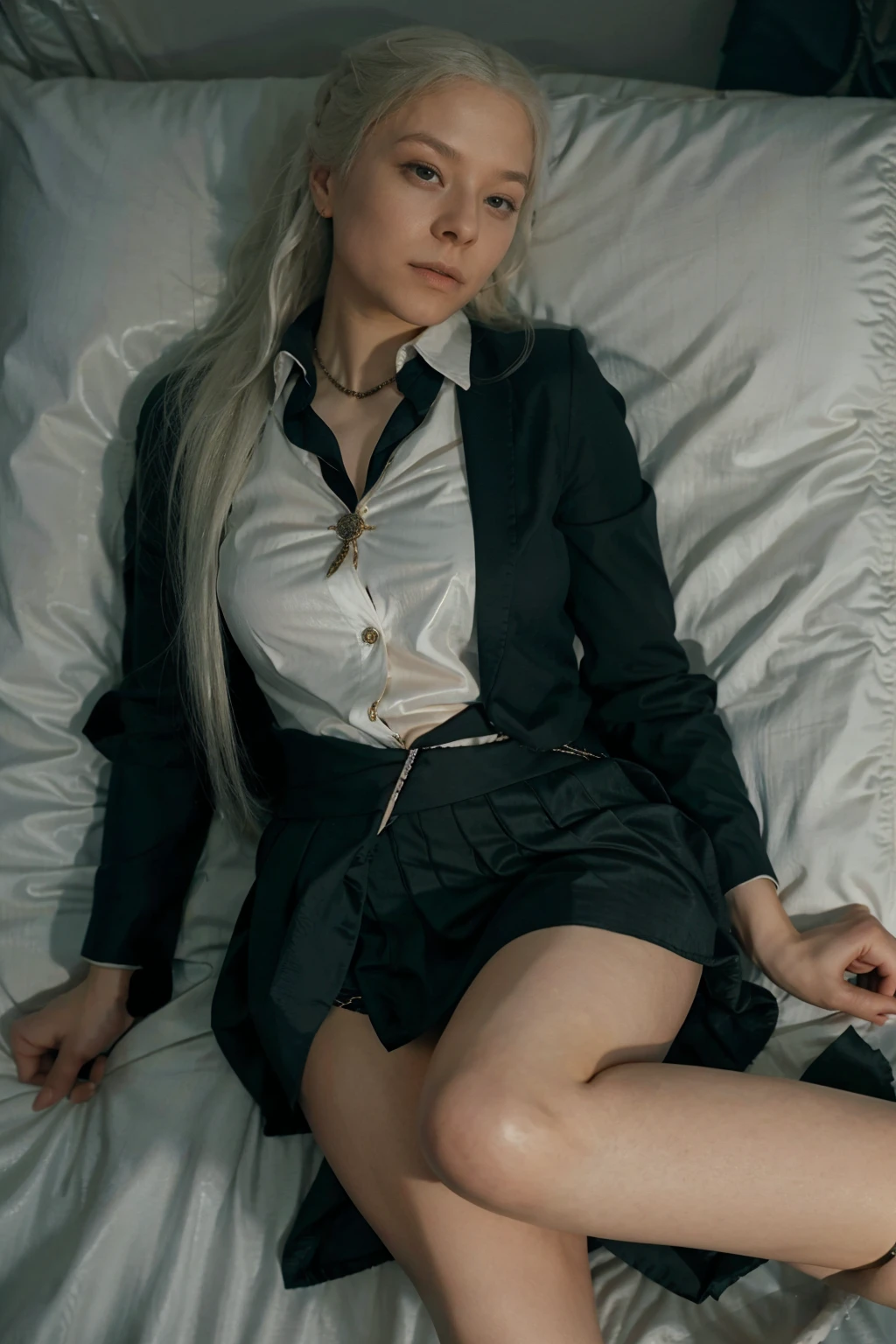 rhaenyra targaryen lying on bed in a suit, with a tie, transparent shirt, skirt and overknees, smoking cigarette, ultra realistic, majestic, foggy and sensual, 