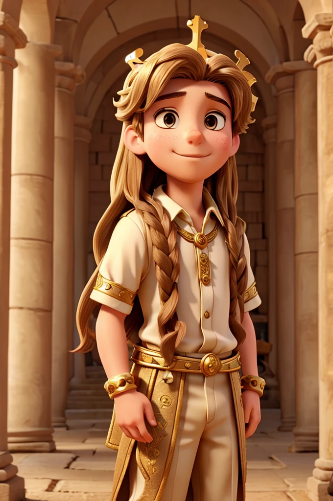 Young man with long hair with a golden crown in an ancient city, many ren with crowns on their heads around him