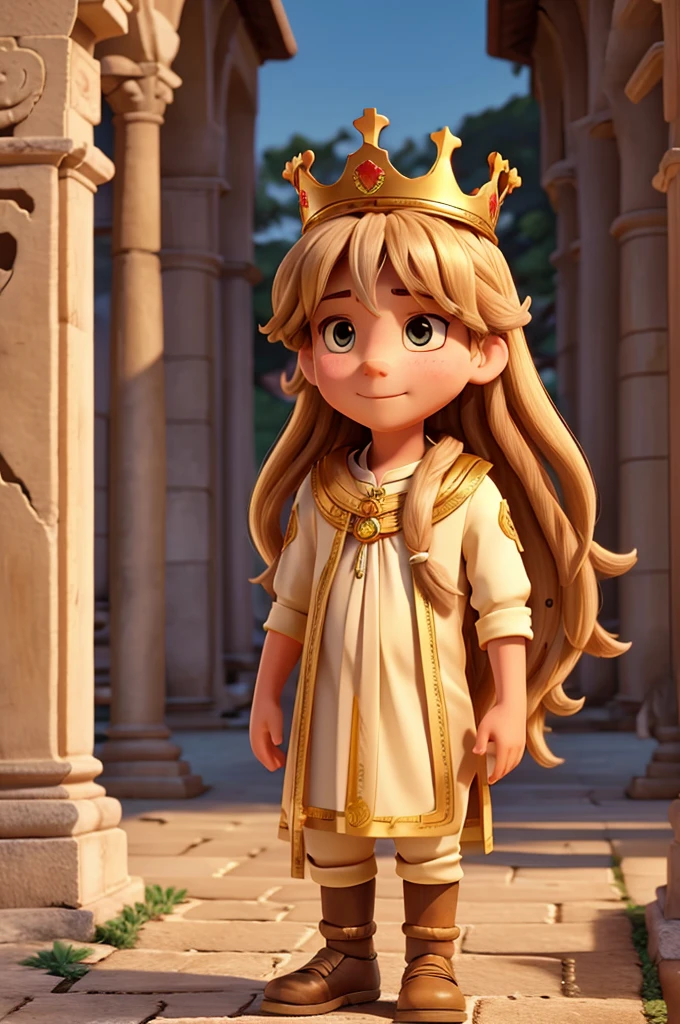 Young man with long hair with a golden crown in an ancient city, many children with crowns on their heads around him