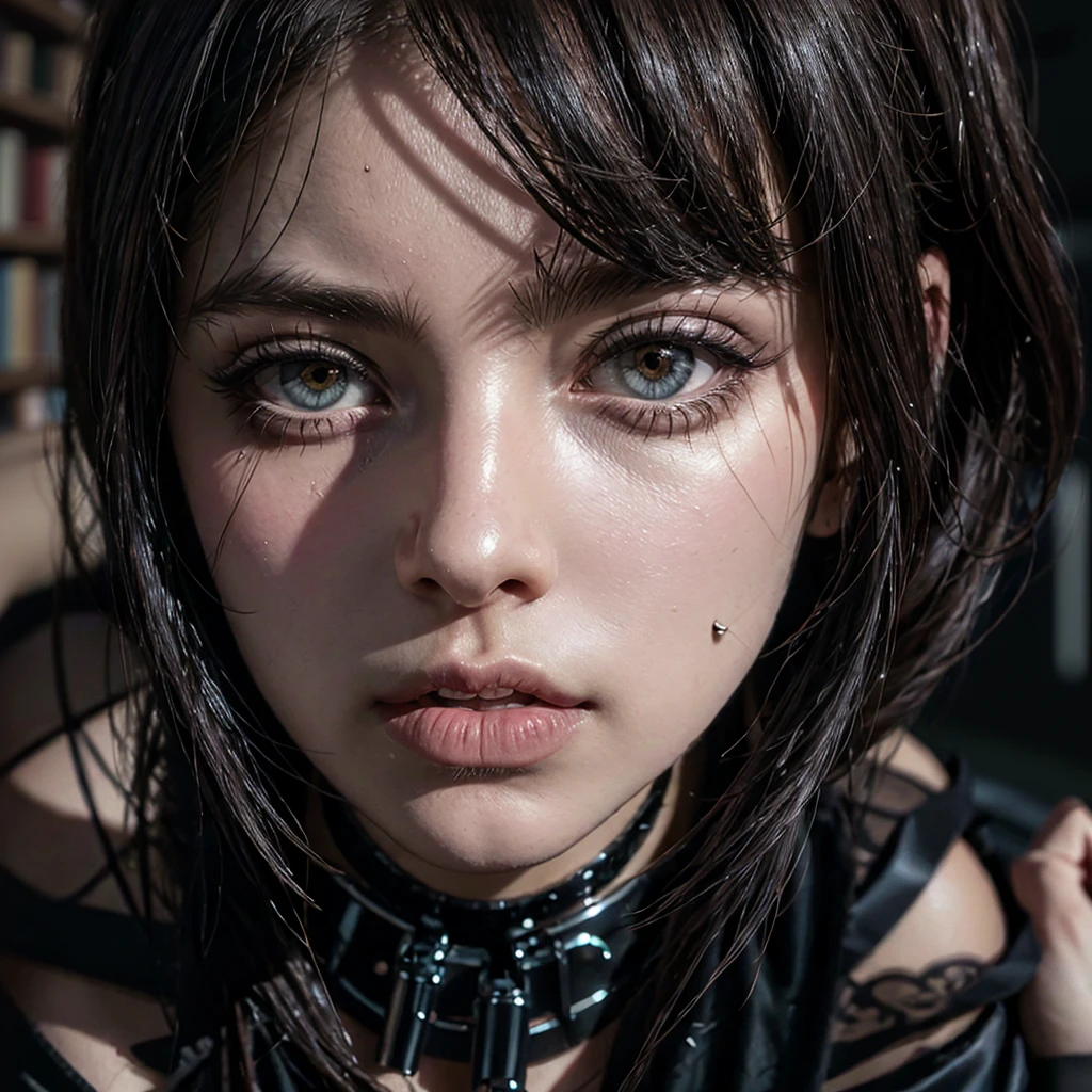 1 GIRL, solo,a beautiful milf with huge breasts, wearing round glasses, sitting on a table in a library, wearing tight black latex stockings that dig into her juicy thighs, wearing a choker collar that strongly compresses her neck, her tongue sticking out and eyes rolled up, (best quality,4k,8k,highres,masterpiece:1.2),ultra-detailed,(realistic,photorealistic,photo-realistic:1.37),detailed eyes,detailed lips,extremely detailed face,long eyelashes,elegant mature woman,seductive pose,intense expression,chiaroscuro lighting,moody atmosphere,dramatic shadows,rich colors,cinematic,portrait