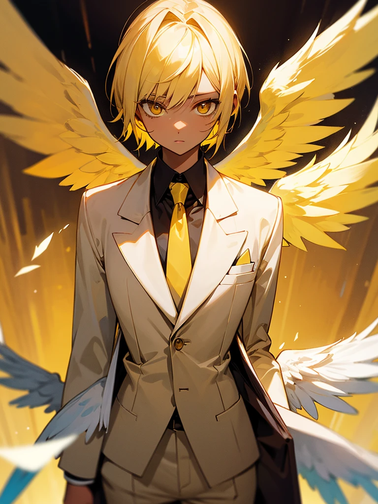 Angel with short yellow hair, white wings , formal work suit, BROWN SKIN, yellow eyes,