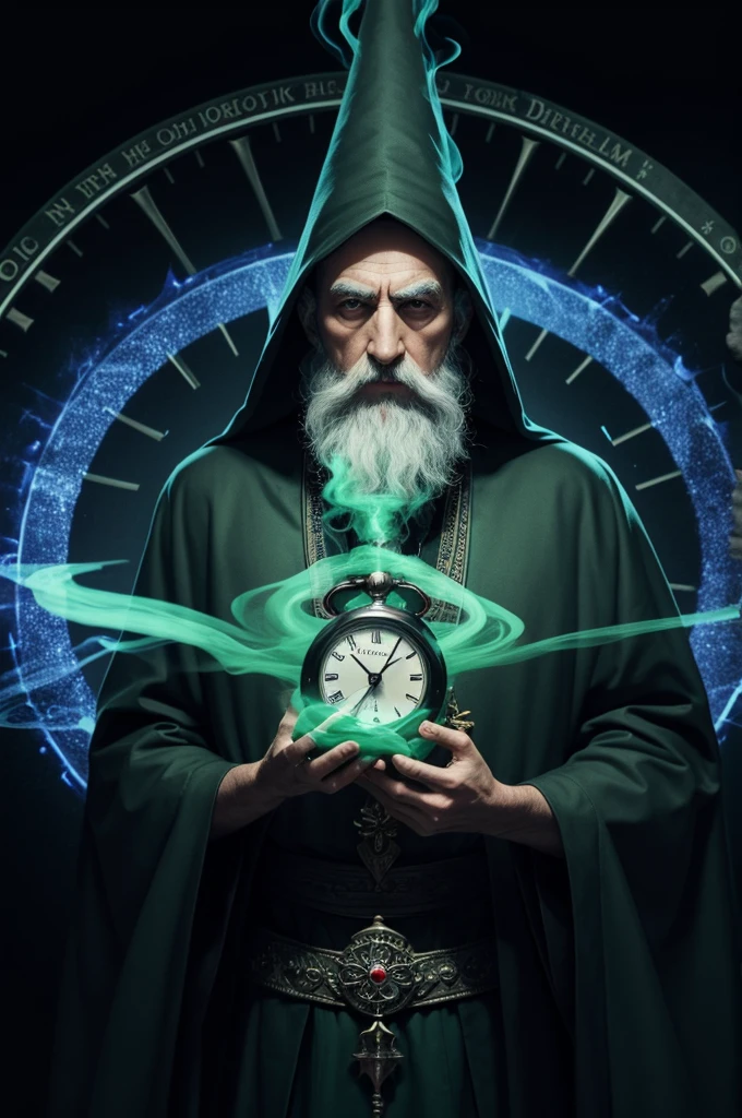a mystical wizard, realisitic, holding a clock, mystical black background, green smoke