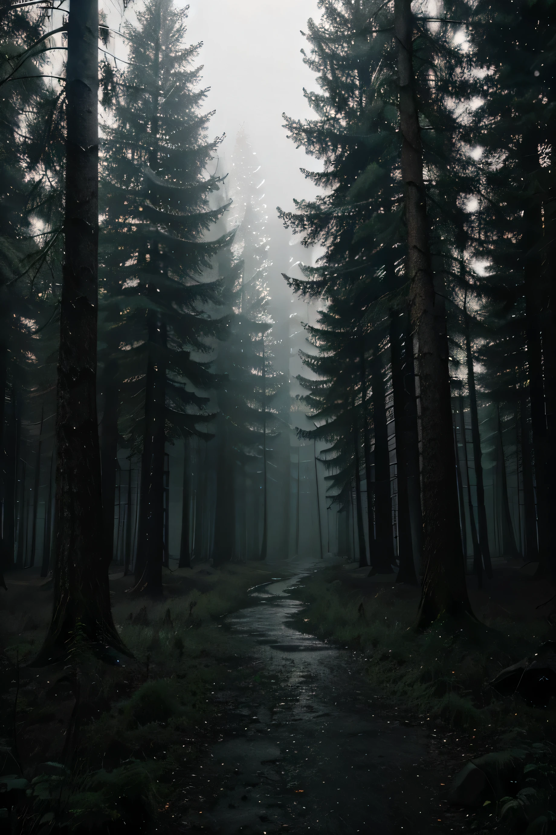 dark forest at night, best quality, night photography, fog, grey tones, no people, rain