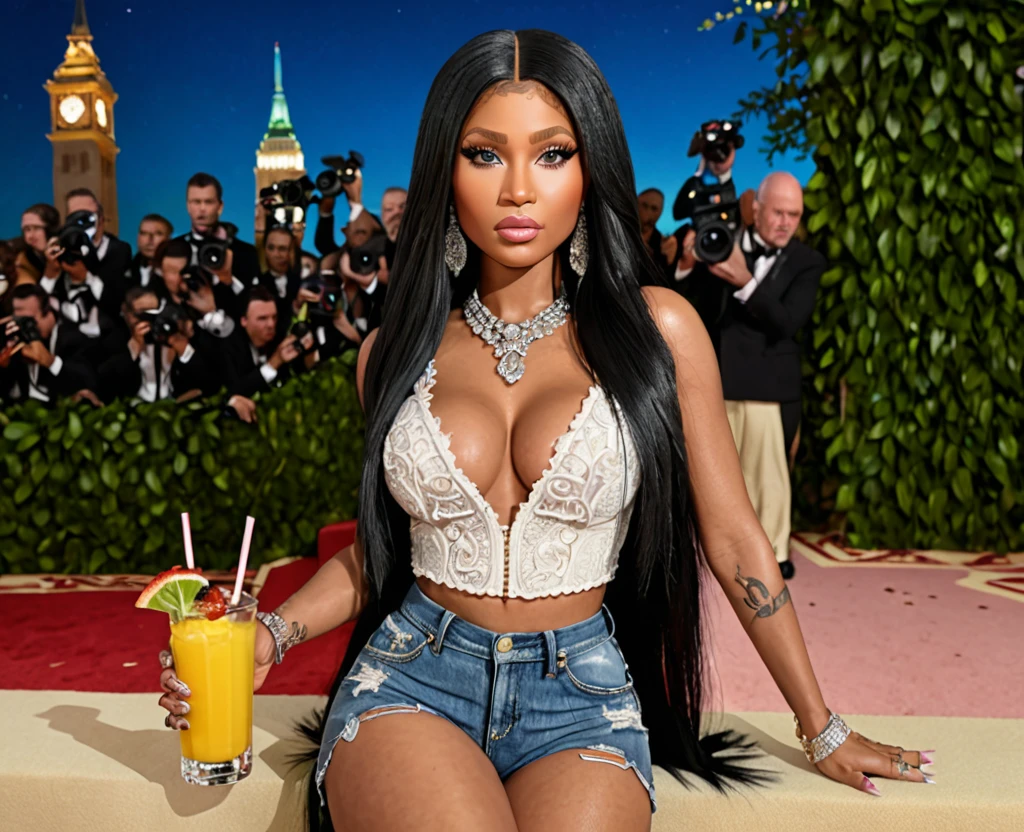 nicki minaj, beautiful white tanktop, ripped jeans, long black straight hair, holding drink, met gala, realistic, real, 8k, HD, detailed eyes, detailed lips, extremely detailed face, longeyelashes, photorealistic, high quality, cinematic lighting, masterpiece, vibrant colors