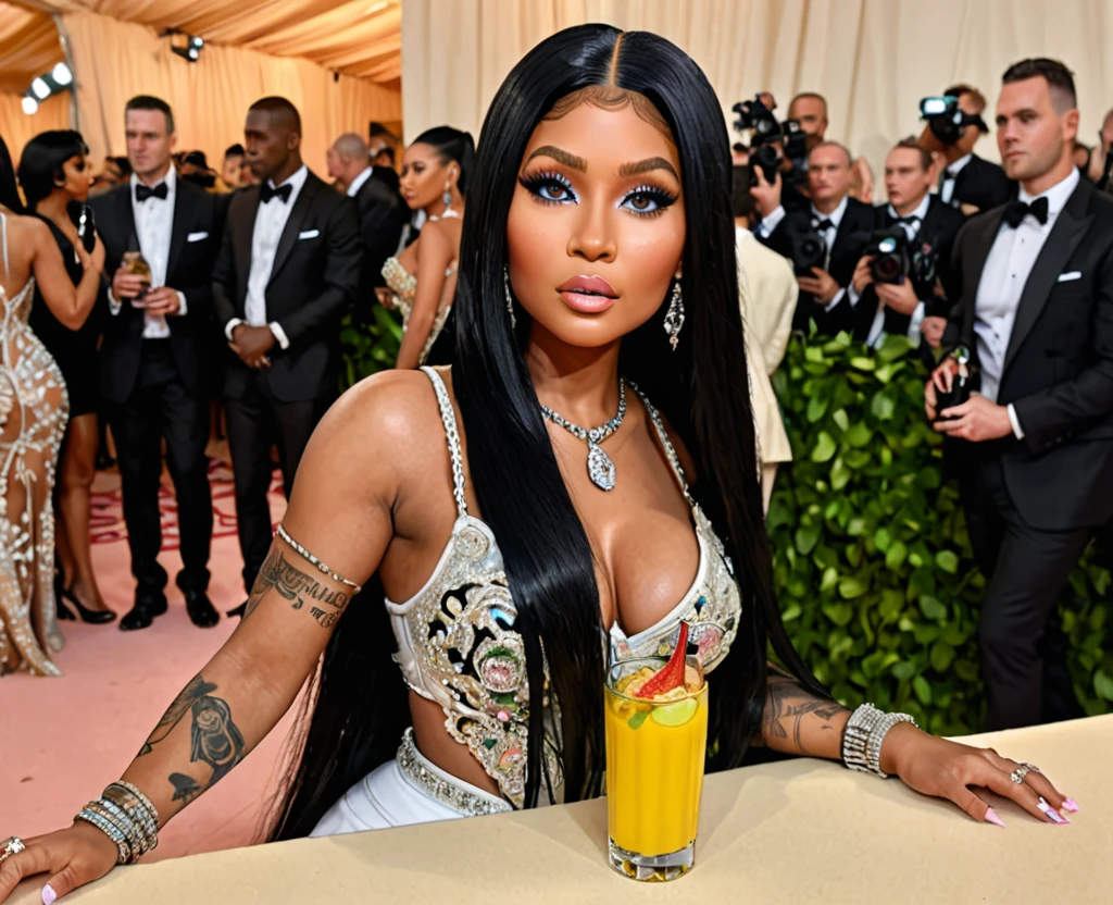 nicki minaj, beautiful white tanktop, ripped jeans, long black straight hair, holding drink, met gala, realistic, real, 8k, HD, detailed eyes, detailed lips, extremely detailed face, longeyelashes, photorealistic, high quality, cinematic lighting, masterpiece, vibrant colors