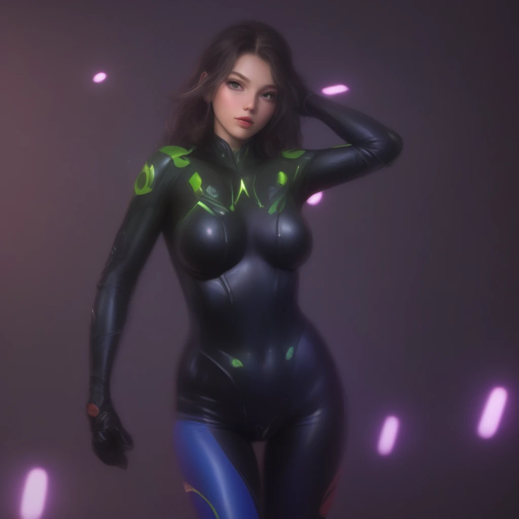 glorious sexy and geeky 18 year old d.va wearing skin-tight full-body glossy and shiny intricately decorated latex bodysuit, athletic and slim body, ((muscular arms and abs)), pectoral muscles, strong and fit body, ((huge breasts)), seductive eyes, light reflections, lively, encouraging, happy, playful, cheering viewer