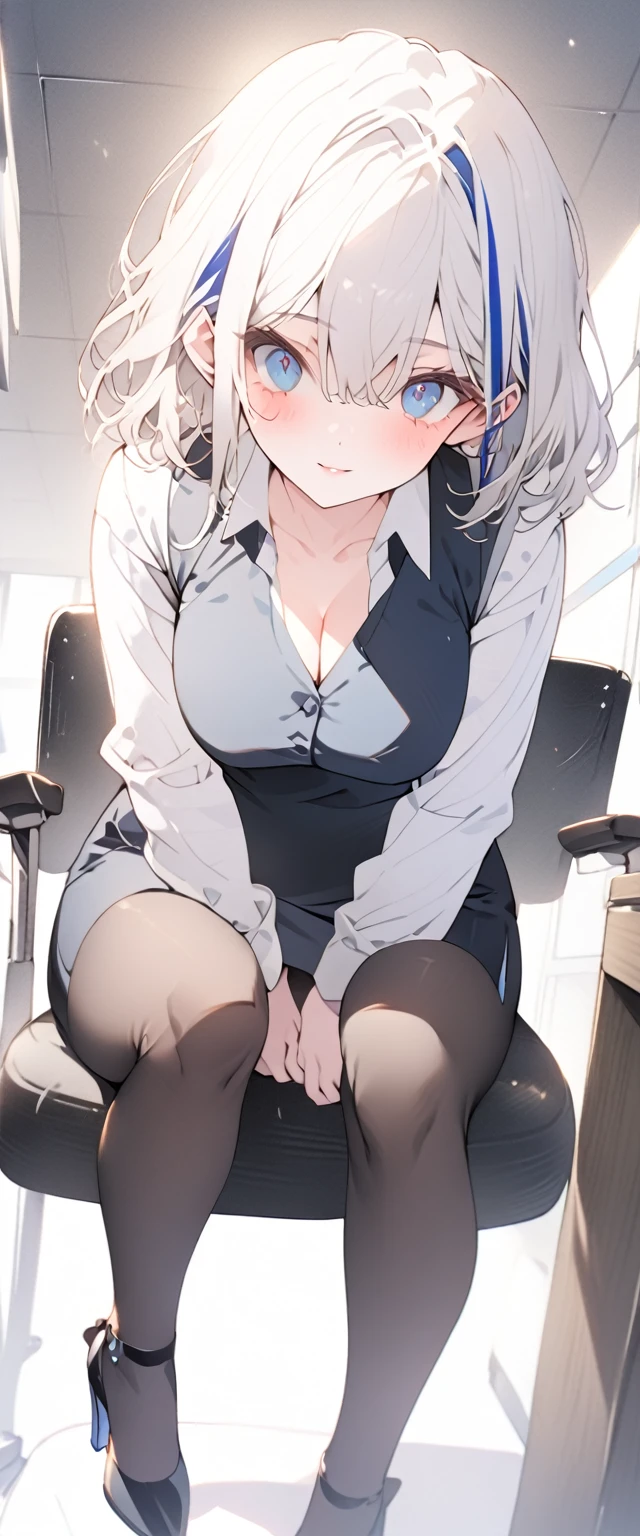 beautiful, masterpiece, Highest quality, anime, One girl, C Cup,Portrait Shot, View your viewers, Covered、Medium Hair、nearby、Blue Eyes、art、、White hair,Blue streaked hair、Beauty、officeレディ、short hair、black_officeスーツ)、new employee、Full Body Shot、Female office lady、break(Dark Blue Vest、White dress shirt、Navy mini tight pencil skirt:1.2)、(blackのニーハイ、Absolute area、High heels)、break(office:1.3)、Cleavage、office、brown_tights、Sit cross-legged in a chair、Overbearing、From below、Provocative