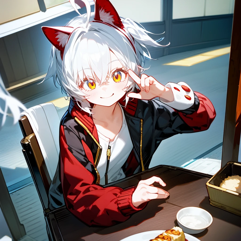 A solo cat boy, With white hair, red eyes, smiling photo pose , wearing jacket, bust up!!!!!!!!!,cute boy