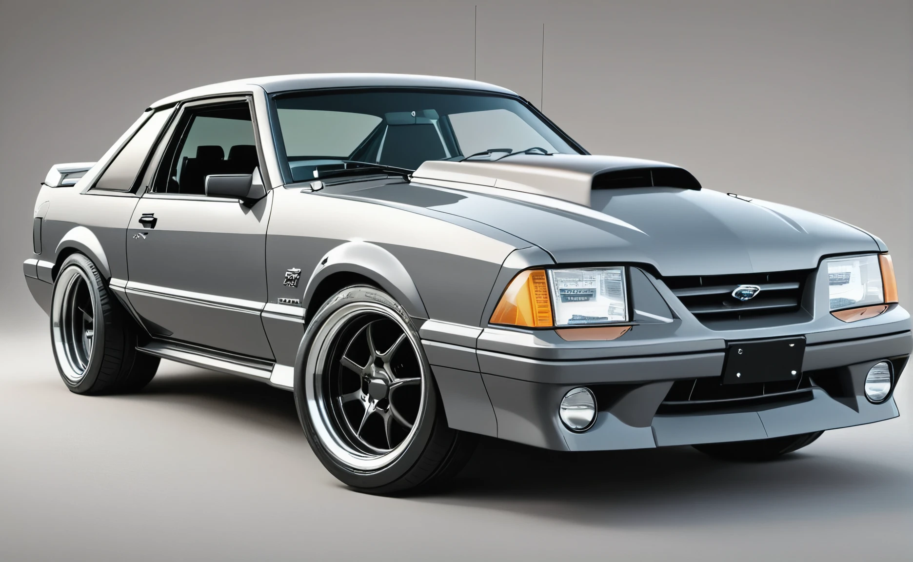 Destroyer Grey 1993 ford mustang foxbody, 2 door, pop art, cartoonish style,detailed, illustration, slammed to the ground, large black staggered wheels, wide body, masterpiece, highly detailed ((([simple grey background])))
