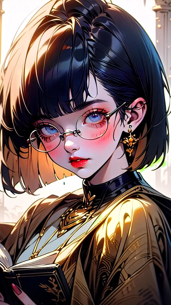 A girl with short brown bob haircut, wearing designer round glasses, reading a book, beautiful detailed eyes, beautiful detailed lips, extremely detailed eyes and face, long eyelashes, intricate book cover design, warm sunlight, photorealistic, masterpiece, ultra-detailed, vibrant colors, soft lighting, cinematic, award-winning illustration