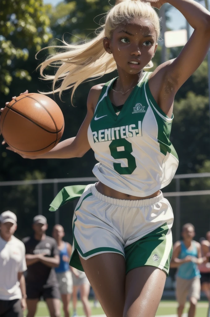 fantastic realism, bokeh, ultra detailed, 1girl, blond with (dark skin), green eyes, running, playing basketball, sweat, shiny skin,