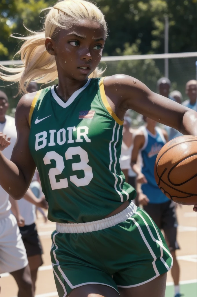 fantastic realism, bokeh, ultra detailed, 1girl, blond with (dark skin), green eyes, running, playing basketball, sweat, shiny skin,