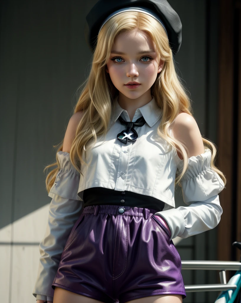 z23,, texturized skin, 8K, beautiful detailed eyes, cinematic lighting, beautifull detailed face, ultra detali, masterpiece world theater, cinematic lighting,, 1 girl, standing alone, hair blonde, purples eyes, headband, white  shirt, beret, bared shoulders, mitts, iron Cross, bike shorts, :d, clamp, white mitts, cowboy shot, disney pixar style playfully