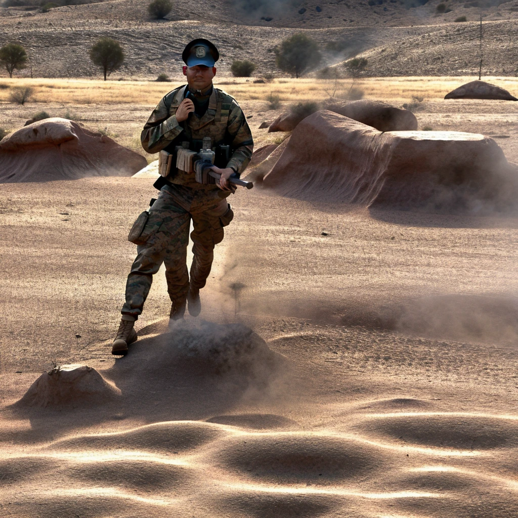 lone usmc soldier in the midst of a war standing a top of battlefield with a rifle in hand surrounded by smoke and fire