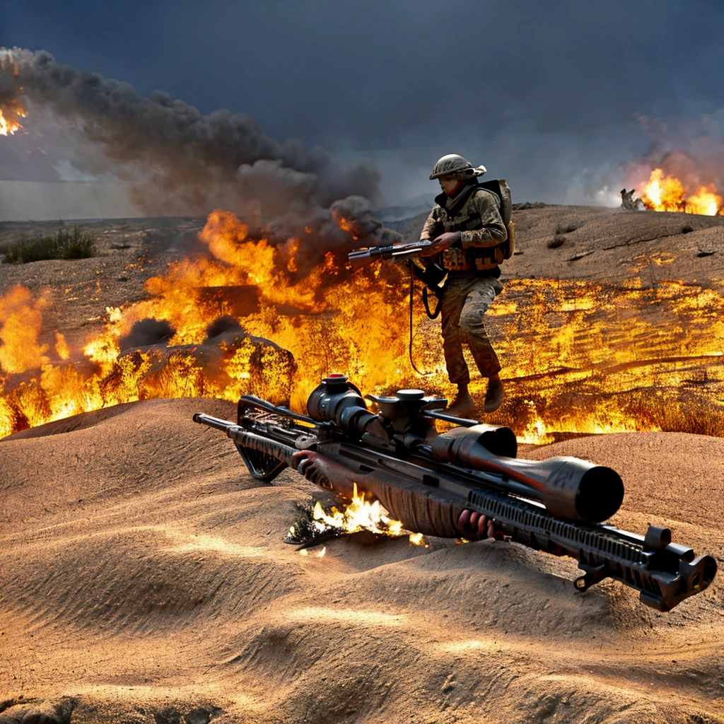 lone usmc soldier in the midst of a war standing a top of battlefield with a rifle in hand surrounded by smoke and fire