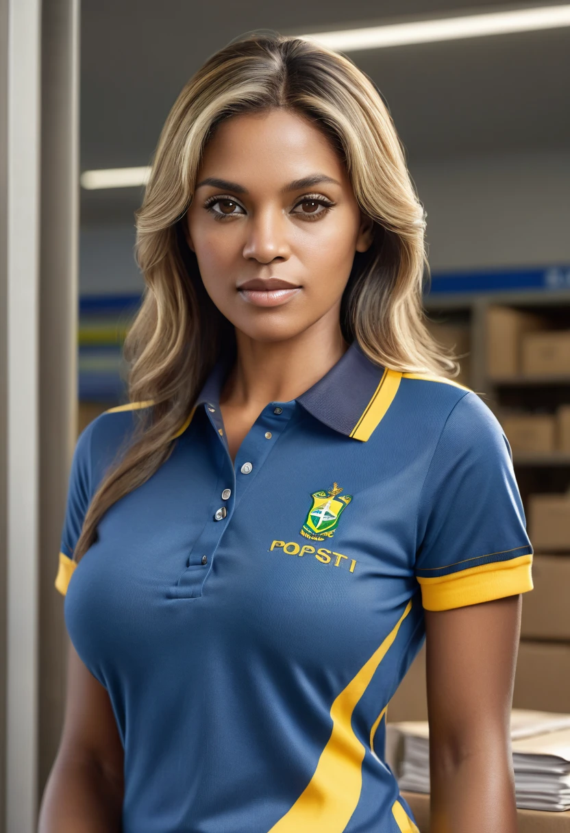 Hyper realistic image of a younger middle-aged woman, broad shoulders and back, thick thighs, tall, dark skin, straight hair with blonde highlights, bulky but fit body, large bust, brown eyes, dressed in a blue polo shirt dark with thin yellow stripes on the sleeves and collar and jeans and working as an attendant at the Brazilian post office