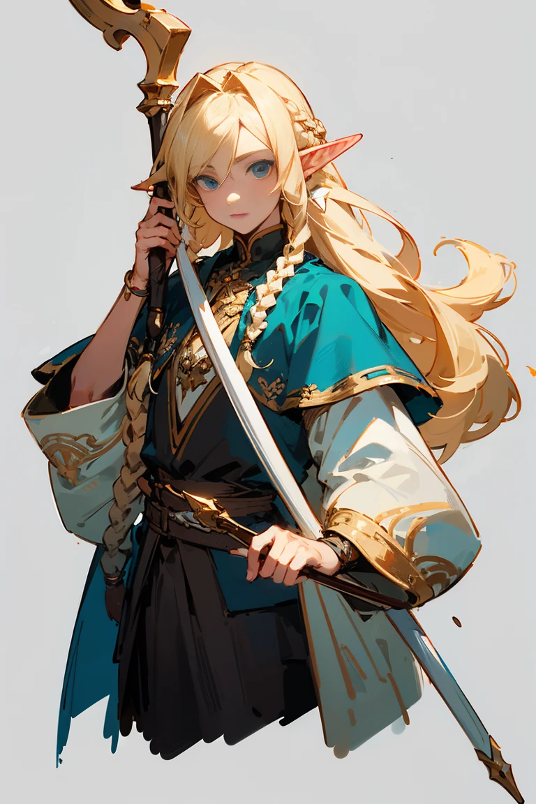 Male, long hair, Blonde, Blue eyes, braids, holding staff, Elf, Elf ears, simple clothes, flowers on hair