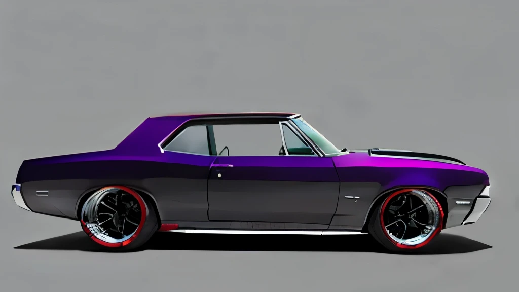 Dark Taupe  colored 1967 Pontiac GTO , pop art, cartoonish style , sketch, detailed illustration, large wheels, slammed to the ground, wide bodykit, masterpiece, highly detailed ((([simple  grey background])))
