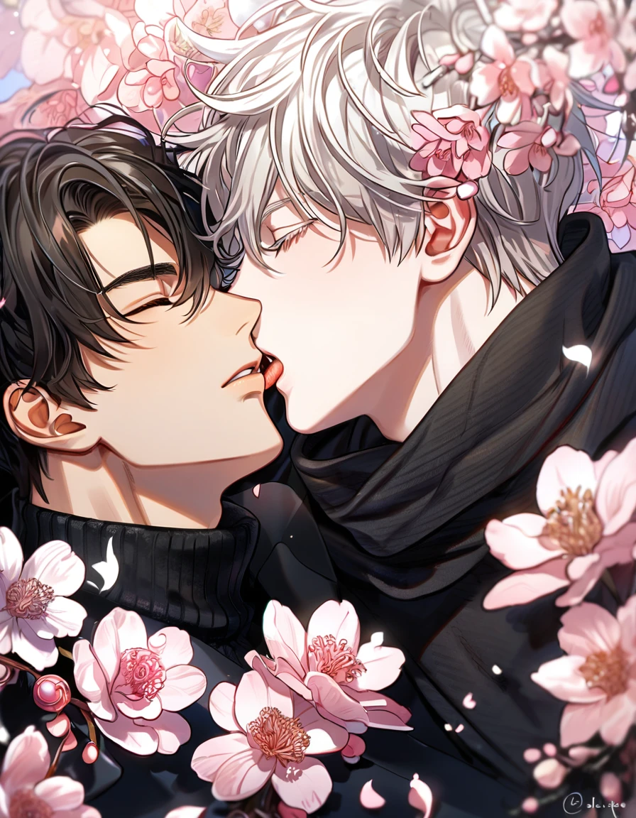 absurdres, highres, ultra detailed, HDR, master piece, best quality, extremely detailed face, delicated features, Kang Woojin, black messy hair, closed eyes, Love Jinx, Gojou Satoru, ash blonde hair, closed eyes, two sexy men kissing, gay couple, yaoi, handsome, black coat, black sweater, black scarf, fantasy, magical, radiant, blossoms, pink flowers, pink butterflies